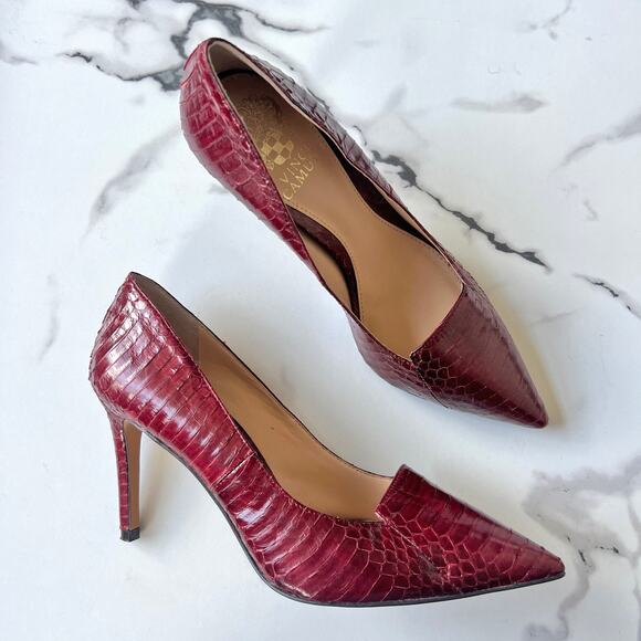 Vince Camuto Croc Embossed Burgundy Leather Pointed Toe Heels 6.5 - Picture 1 of 9